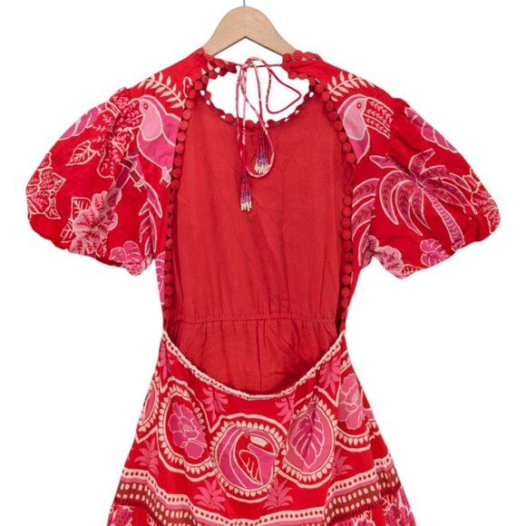 FARM Rio Summer Sunrise Midi Dress Red Short Sleeve Belted Back Cut Out Size S - Picture 4 of 13